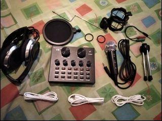 Complete Basic Set - V8 Bluetooth Live Sound Card, Microphone Set and Headphone for Broadcasting and Recording