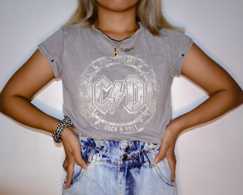 H M Acdc Band Shirt Short Sleeve In Acid Washed Grey Women S Fashion Clothes Tops On Carousell