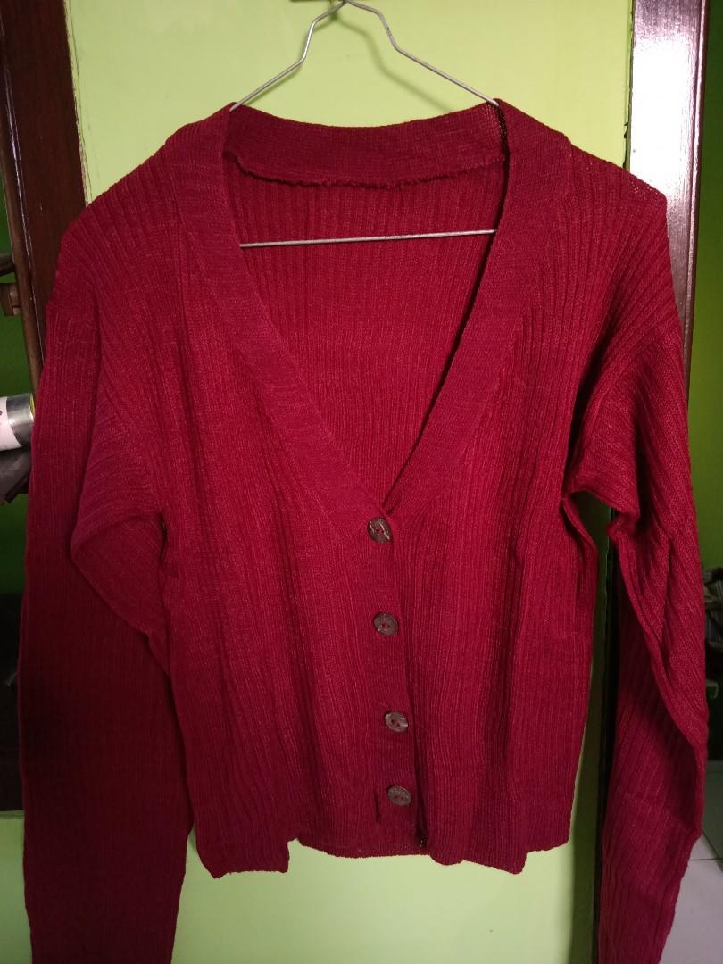 cardigan rajut crop maroon, Fesyen 