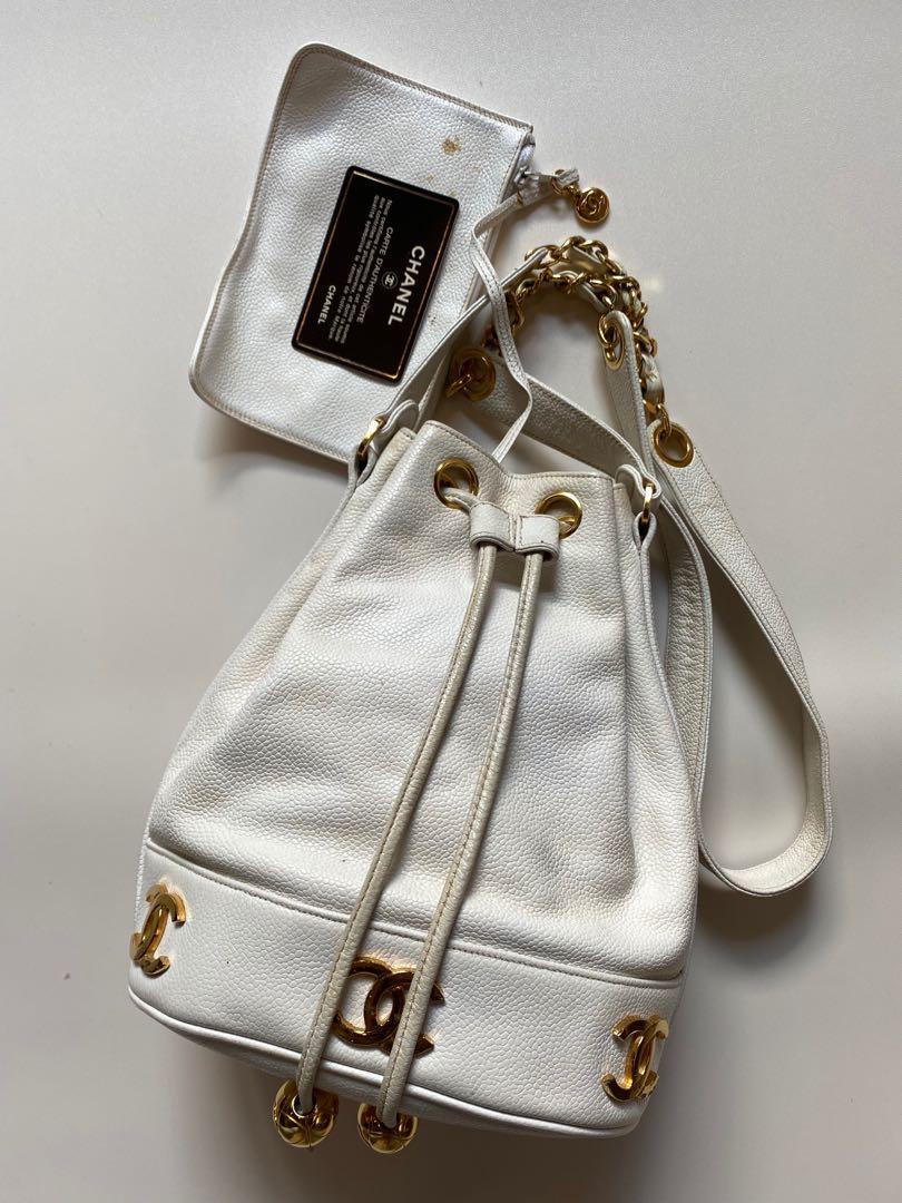 Chanel 2020 Pearl Logo Deauville Drawstring Bucket Bag - White