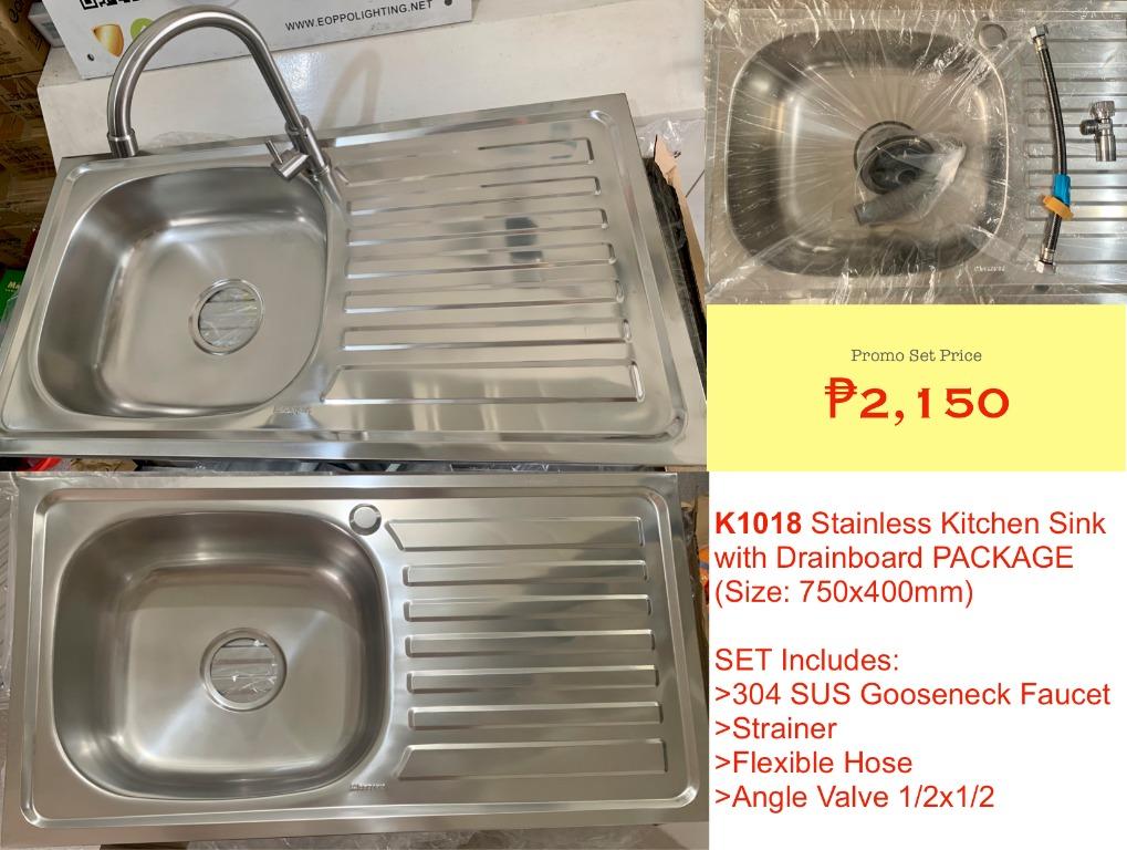 Kitchen Sink with Drainboard SET with 304 SUS Faucet, Furniture 