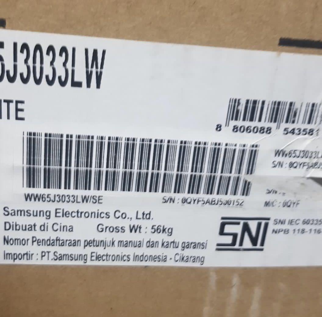Mesin Cuci Samsung BARU ww65j3033lw Front Load 6,5kg
