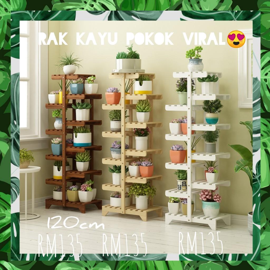 Plant Stand Rak Pokok Viral Kayu 100cm 120cm Home Furniture Gardening On Carousell