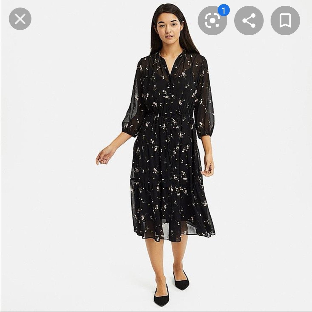 Uniqlo Black Chiffon Floral Dress Women s Fashion Muslimah