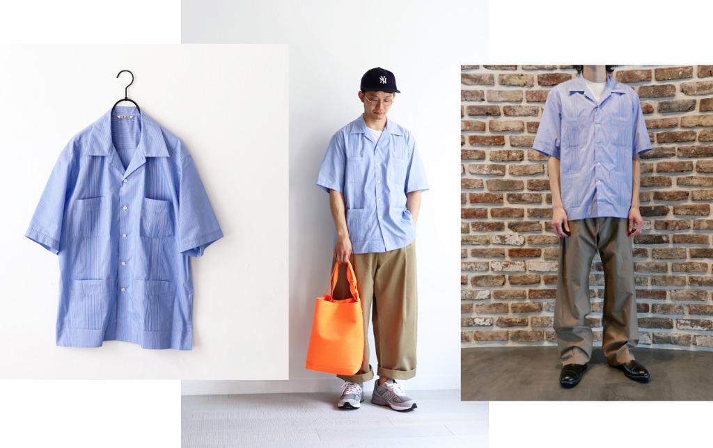 AURALEE 19SS FINX SILK STRIPE CUBA SHIRTS (Blue Stripe), 男裝