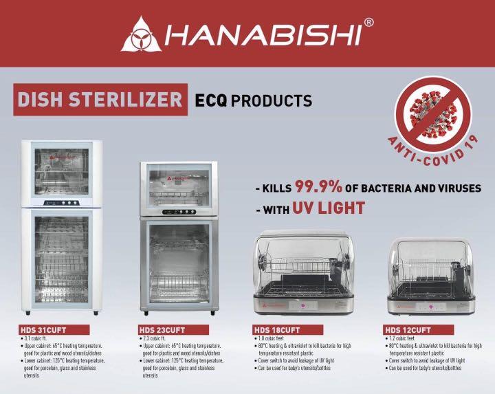 Dish Sterilizer (Category: Food Organization & Storage) located in Manila. Submitted by pickandclick.mart (Listing ID 1021584569, Image 1). Description: Hanabishi Dish Sterilizer We have: HDS 12CUFT HDS 18CUFT HDS 23CUFT HDS 31CUFT 📌 Brand New 📌 With one year warranty 📌 Guaranteed LOWER PRICES!! Limited stocks! Product description posted in the photo Kindly PM for inquiry You may also contact/viber 09154482476 Shipping: Lalamove, Grab, Angkas 