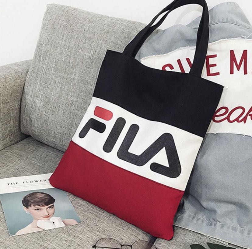 Fila canvas tote sling Contrast Color Letter Print Woemn Canvas Bag Student Bag Shopping Bag Women s Fashion Bags Wallets Cross body Bags on Carousell