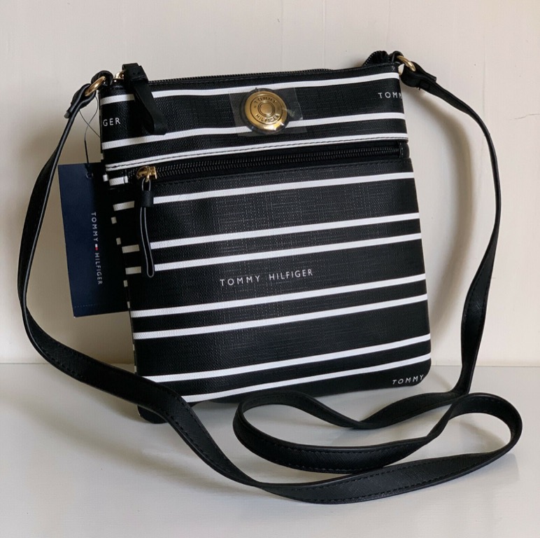 NEW TOMMY HILFIGER BLACK WHITE MESSENGER CROSSBODY SLING BAG