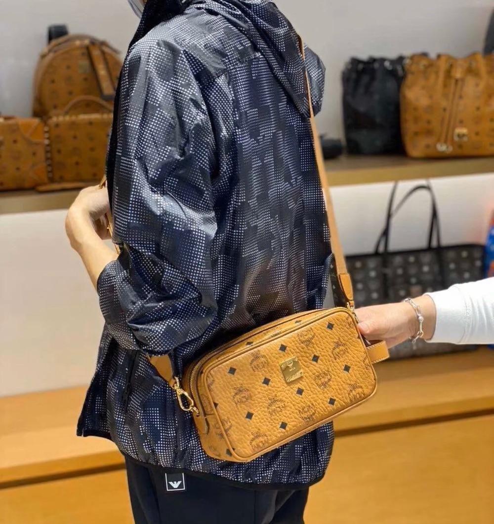MCM Mini Visetos Original Camera Crossbody Bag Cognac Camera Bag