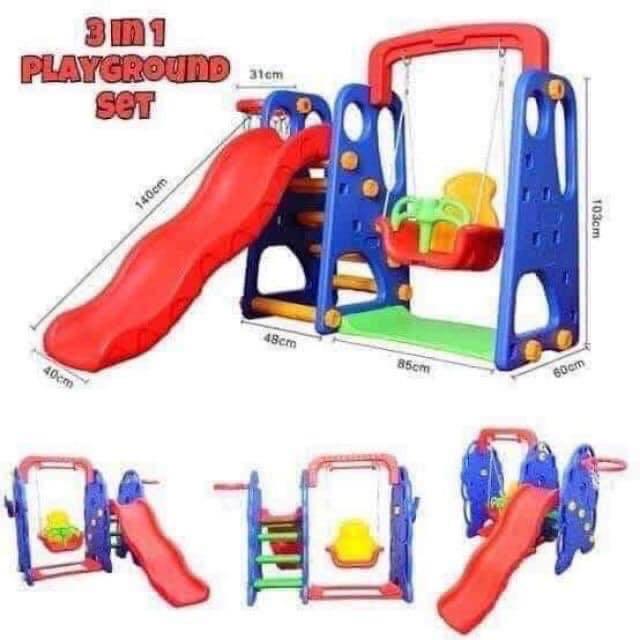 3in1 play ground set (Category: Infant Playtime) located in Taguig. Submitted by triplealuxury (Listing ID 1021866525, Image 1). Description: Restock and available 3in1 GENDER FREE SLIDE • RED-BLUE-GREEN COMBINATION- •Swing •Ring •Slide •Best for 1-8yo • Heavy Duty Slide •Made w/High Quality Plastic Php.6,400.