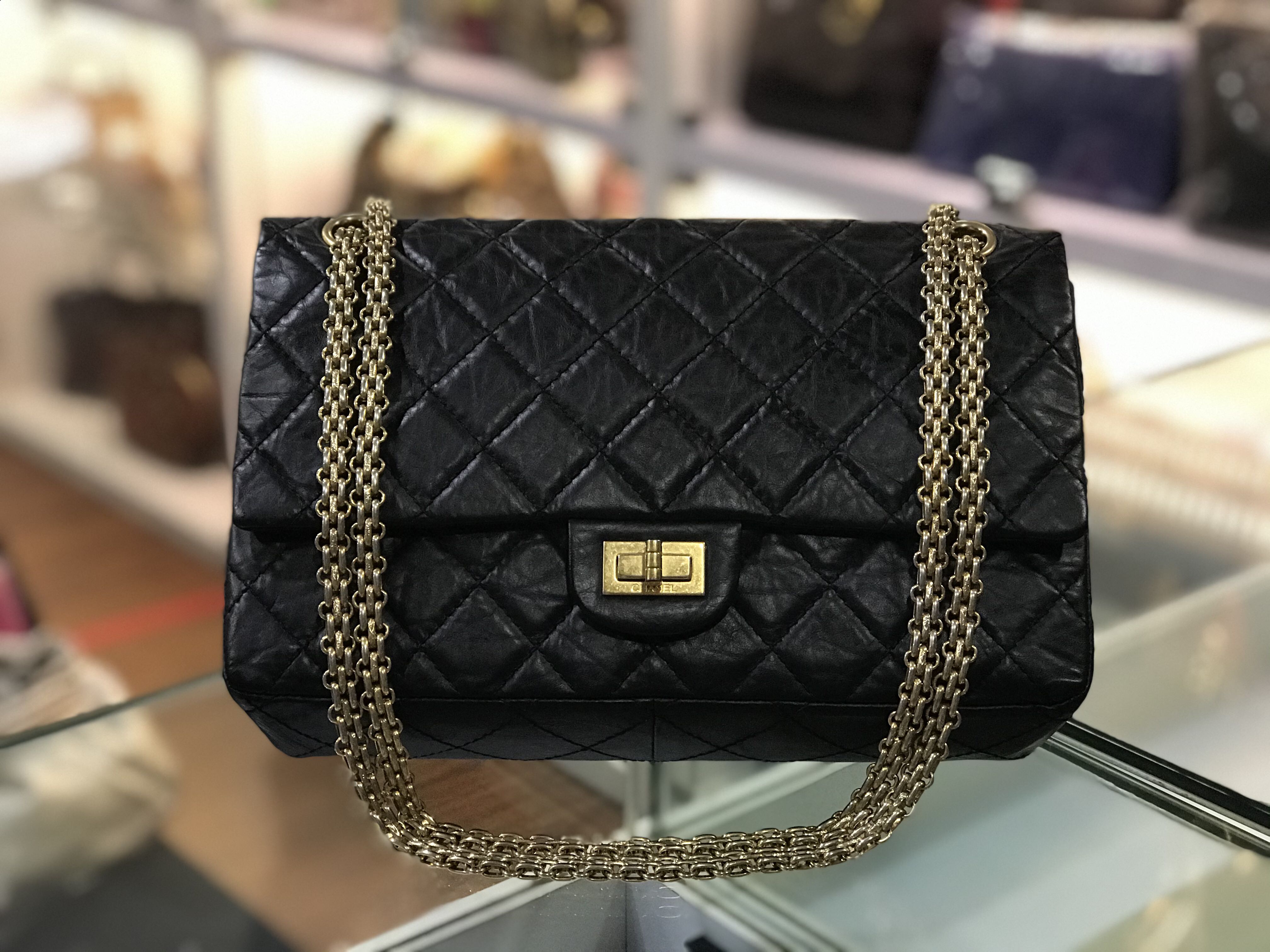 Chanel Aged Calfskin Quilted 255 Reissue 225 Flap Navy Gold Hardware   Coco Approved Studio