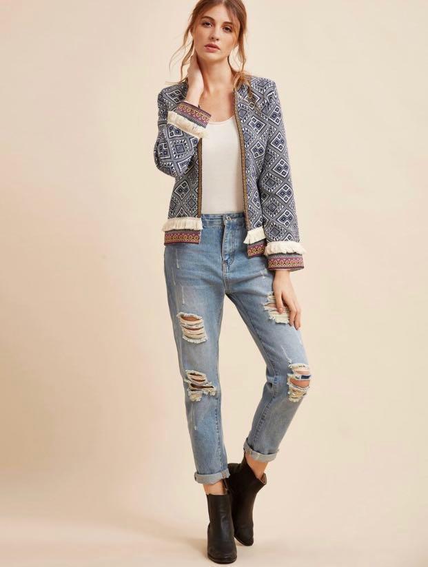 Fringe Trim Embroidered Tribal Jacket Aztec/ boho style (Category: Coats, Jackets and Outerwear) located in Manila. Submitted by antorina (Listing ID 1018194538, Image 3). Description: Fringe Trim Embroidered Tribal Jacket Size S (but will fit XS-S well 😊) Beautiful fabric and amazing look for your boho style outfits ❤️ New 🤗 bought for 35 usd (approximately 1800 php) RFS: decluttering #ootd #boho #jacket #tribal .