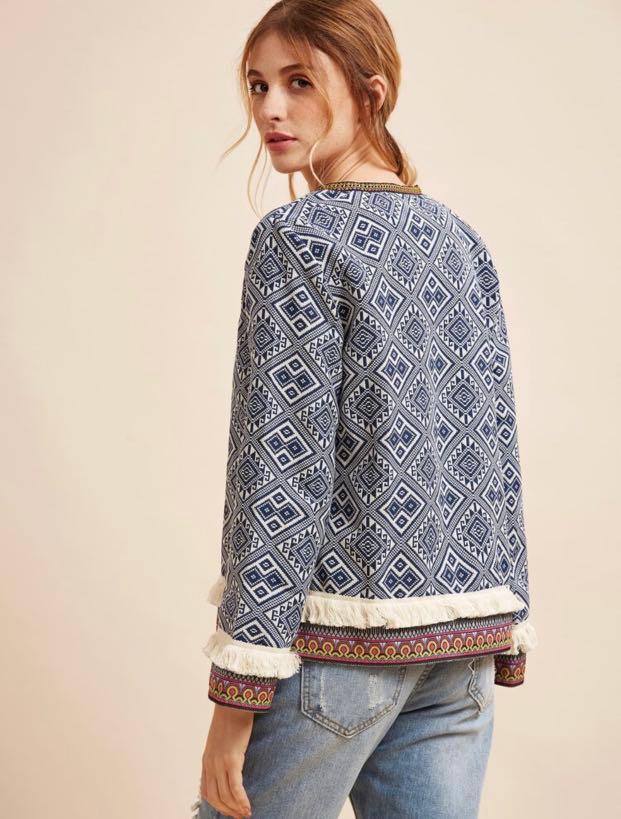 Fringe Trim Embroidered Tribal Jacket Aztec/ boho style (Category: Coats, Jackets and Outerwear) located in Manila. Submitted by antorina (Listing ID 1018194538, Image 2). Description: Fringe Trim Embroidered Tribal Jacket Size S (but will fit XS-S well 😊) Beautiful fabric and amazing look for your boho style outfits ❤️ New 🤗 bought for 35 usd (approximately 1800 php) RFS: decluttering #ootd #boho #jacket #tribal .