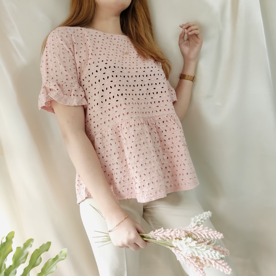 Light Pink Eyelet Blouse, Women's Fashion, Tops, Blouses on Carousell