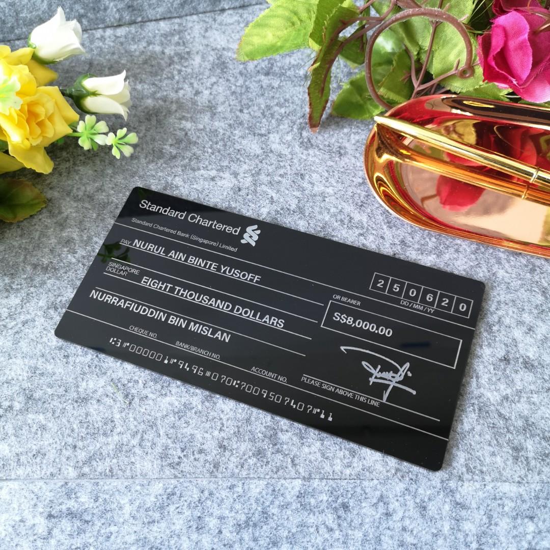Acrylic Cheque Black Glossy Acrylic Mockup Cheque Wedding (White Printed Text) with ...