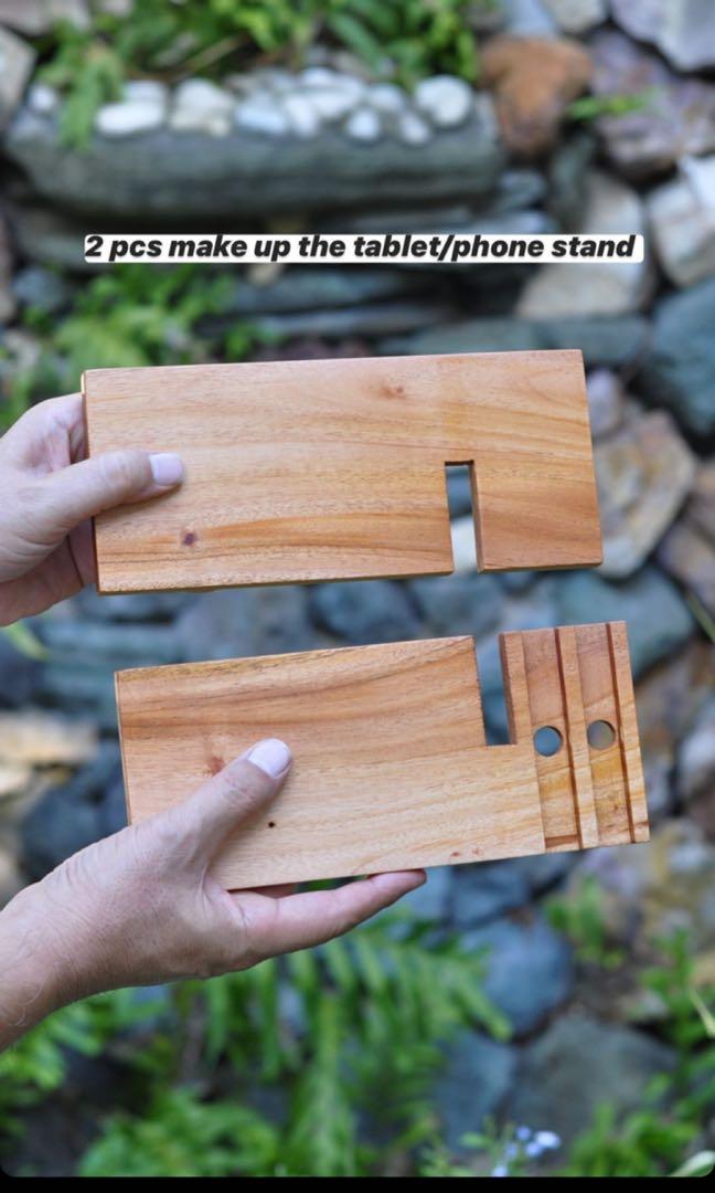 Phone/Tablet Stand (Category: Mounts & Holders) located in Paranaque City. Submitted by pianaka (Listing ID 1022059656, Image 2). Description: Locally made from solid mahogany wood perfect for Work From Home or Online Classes. 📱 Benefits of Phone/Tablet stand 1. Relieves stress on your neck and wrists that are caused by looking down and holding your device. 2. The holes at the bottom for your charging needs. This will help maintain your cable in