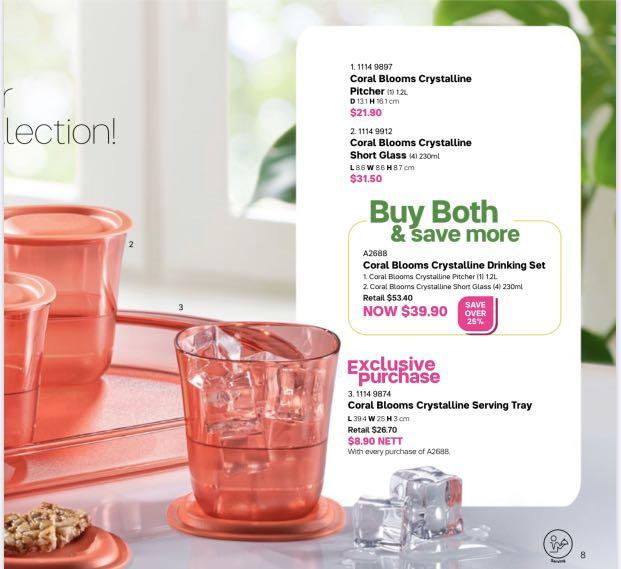 Tupperware coral bloom crystalline pitcher and glass, Home Appliances