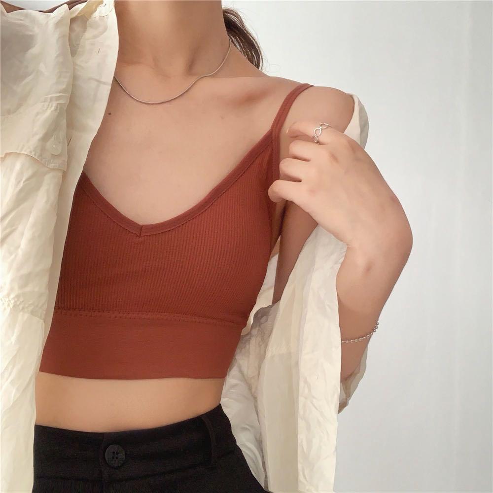 965 (6 COLOURS) padded bralette spaghetti strap camisole with padding bra  short ribbed crop top ulzzang korean vintage retro, Women's Fashion, Tops,  Sleeveless on Carousell