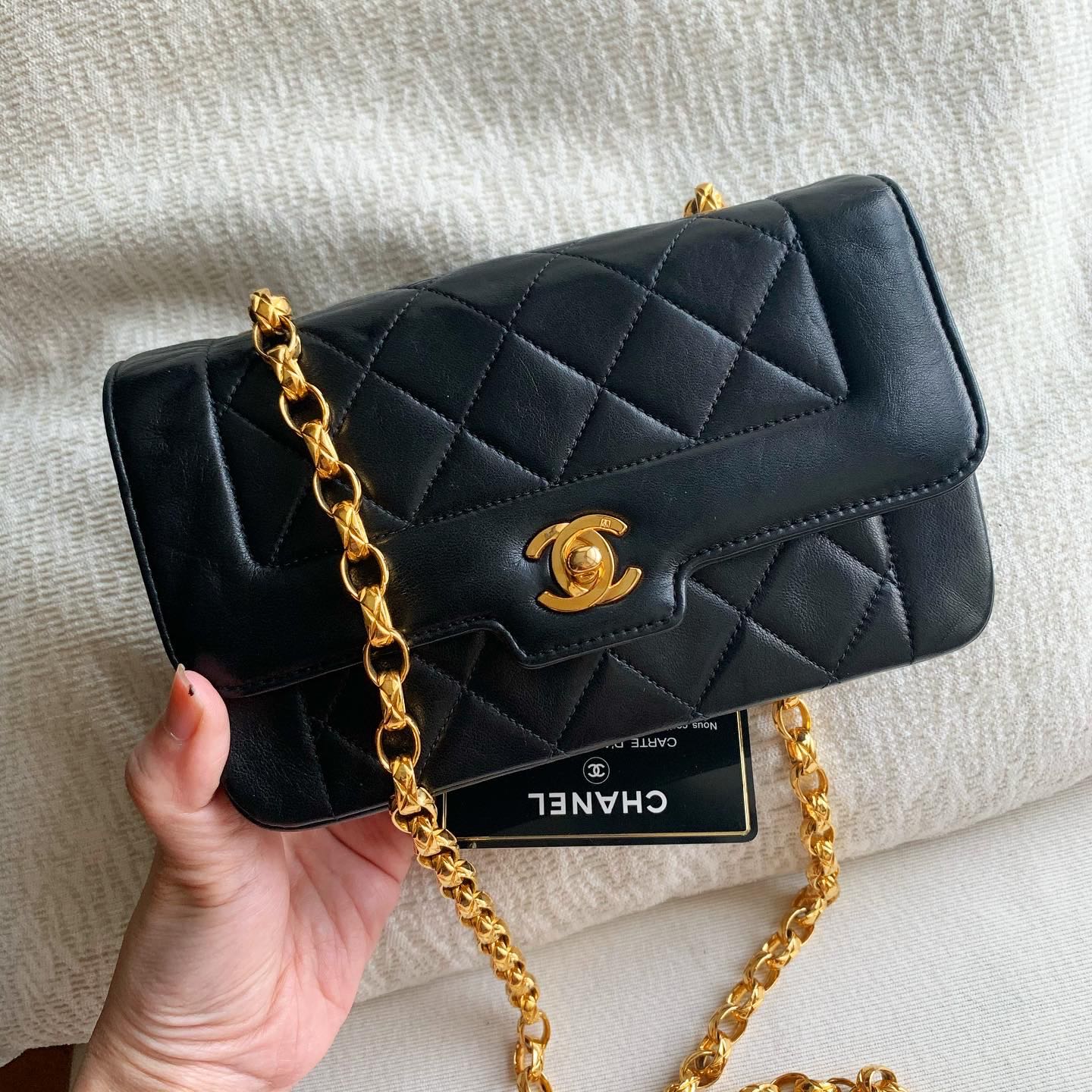 AUTHENTIC CHANEL Diana Mini 7.5” Flap Bag with Bijoux Chain
