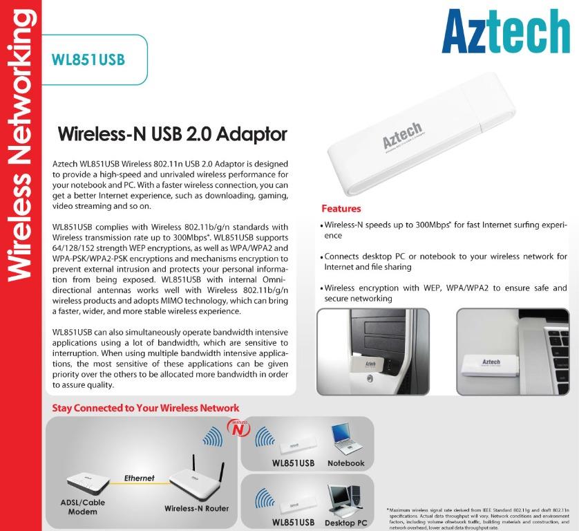 Aztech Wireless N USB Adapter (Category: Cables & Adaptors) located in Imus. Submitted by nhelsg2 (Listing ID 1017753732, Image 3). Description: Aztech WL851USB Wireless 802.11n USB 2.0 Adaptor price 300.00Php Standards: IEEE 802.11b Wireless LAN, IEEE 802.11g Wireless LAN, IEEE 802.11n Wireless LAN, Usb Interface: USB 2.0 Operating Frequency: 2.4~2.4835GHz Op[eating Channel: 1~13 Operating System: Windows 98Se, Me, 2000,XP,Vista/7 Tested : Worki