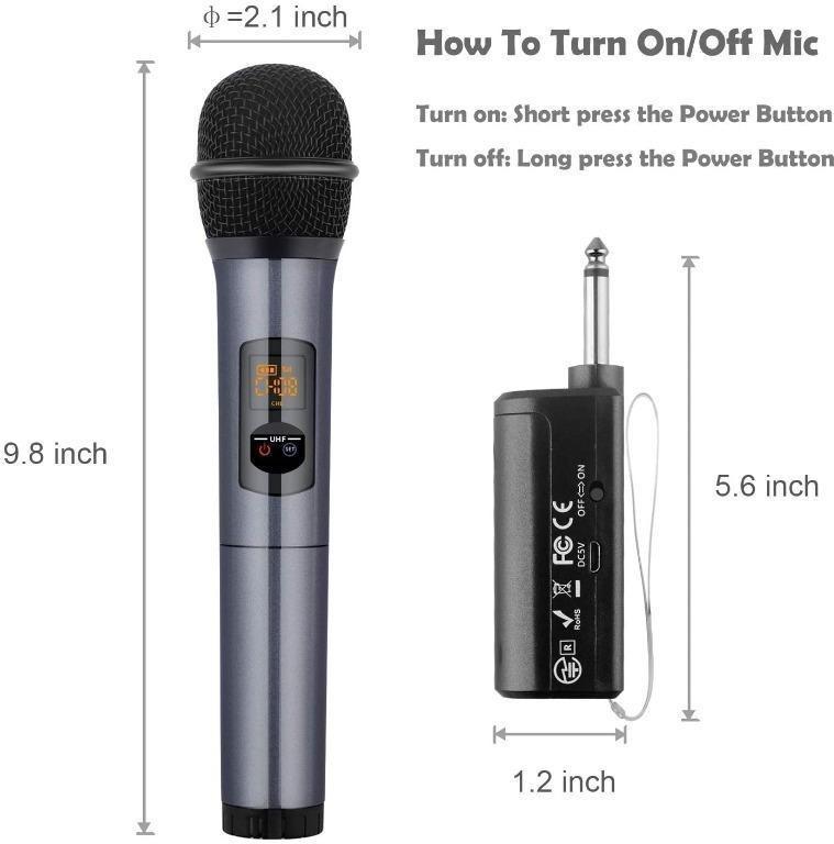 K380S UHF Rechargeable Wireless Microphone Karaoke Mic Dual with Receiver  System Set - Professional Handheld Dynamic Cordless Microphone for Singing