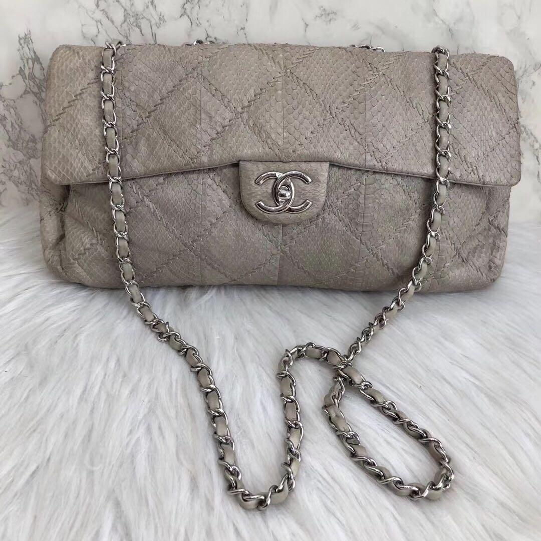 Authentic Chanel Grey Python Leather Flap Bag Luxury Bags Wallets Handbags On Carousell