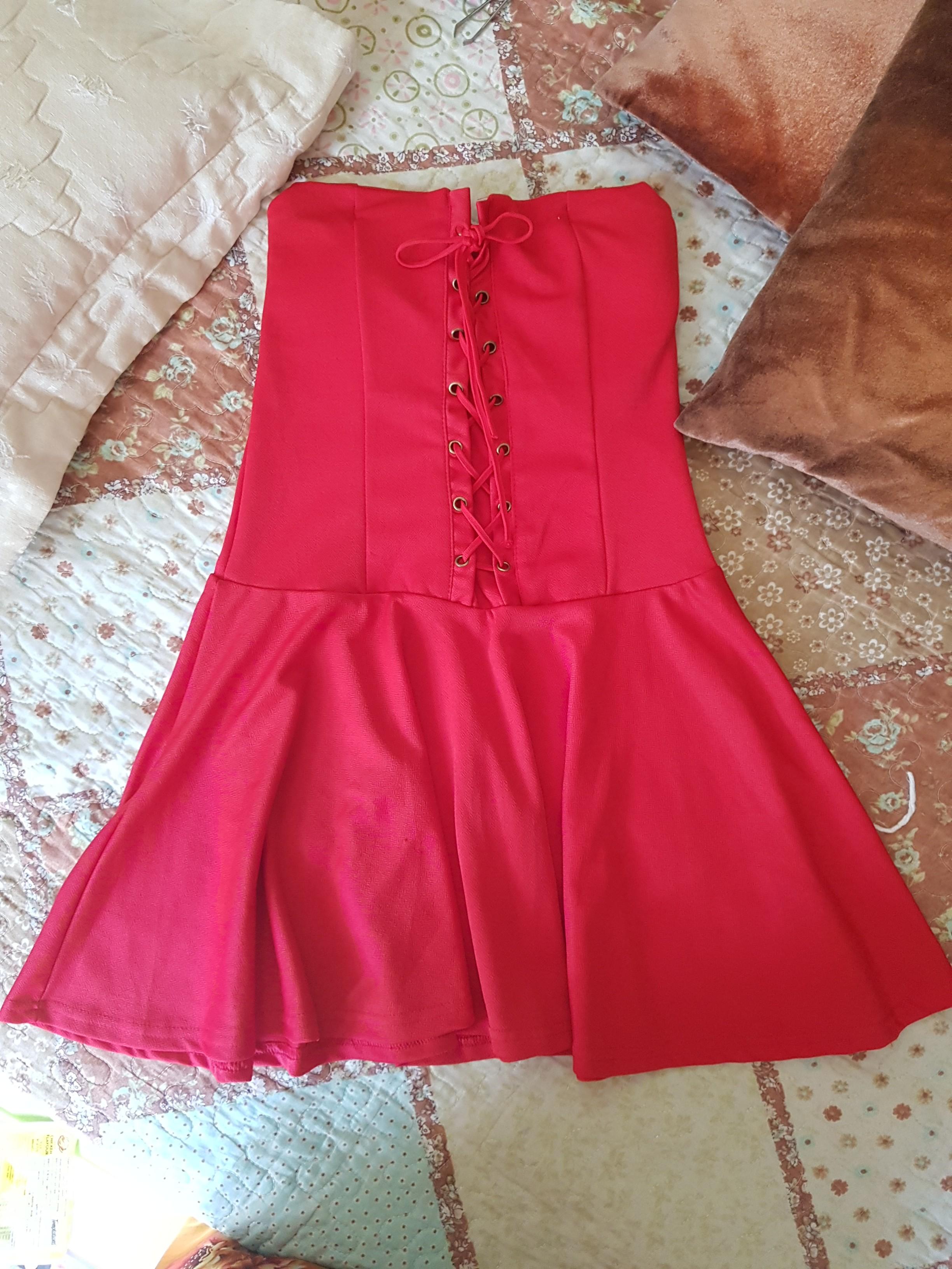 red shoulderless dress