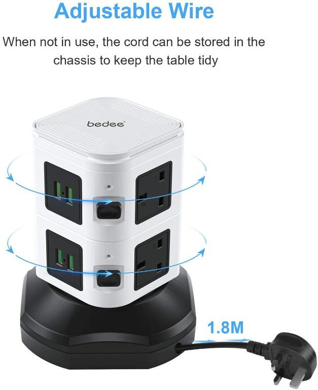 Extension Plug Tower, Tower Extension Lead with 6 Sockets, 4 USB Slots