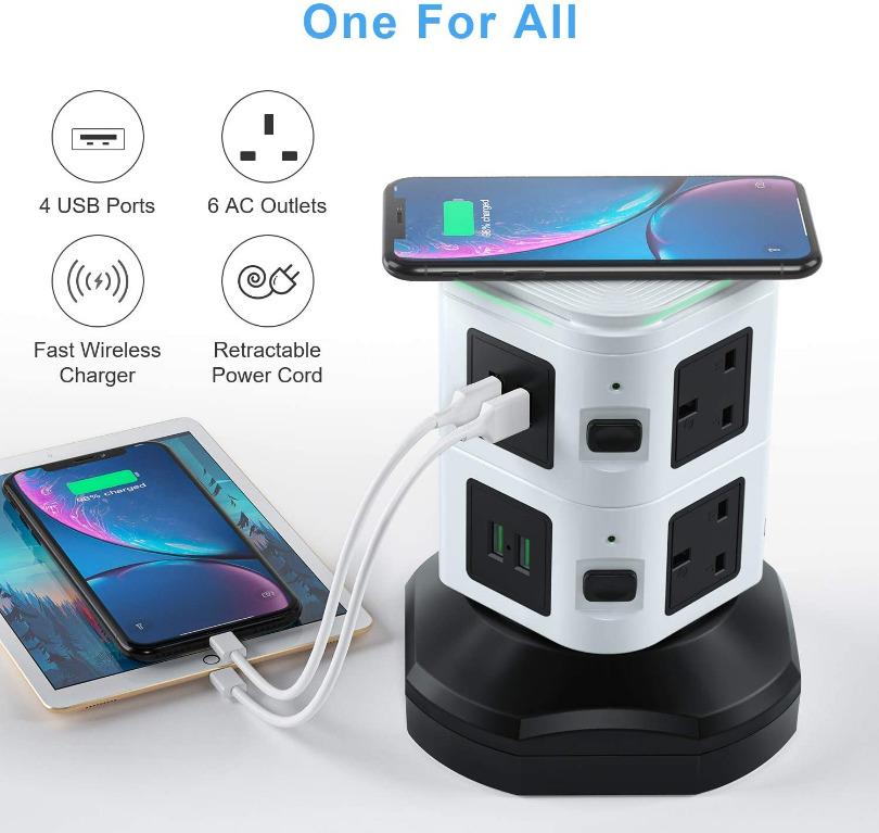 Extension Plug Tower, Tower Extension Lead with 6 Sockets, 4 USB Slots