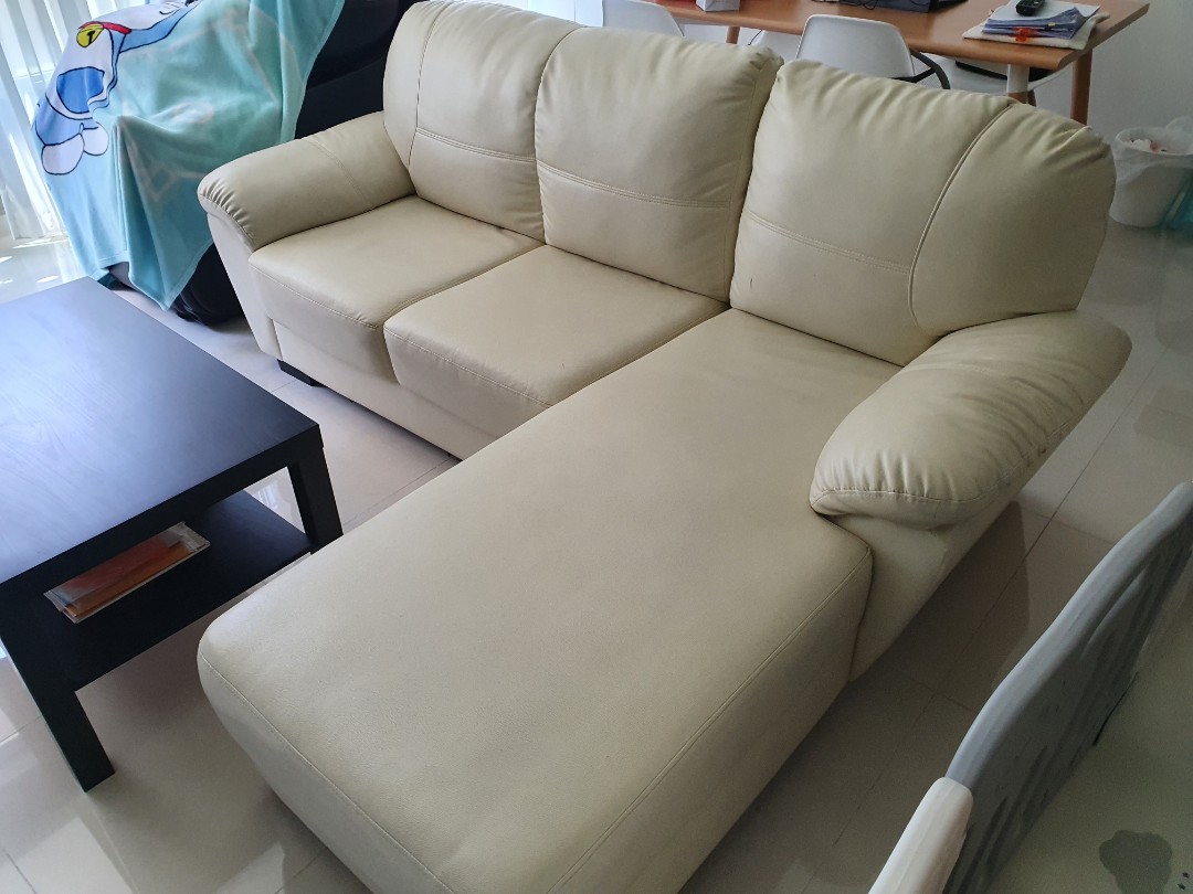 L shaped sofa faux leather cream beige, Furniture & Home Living, Furniture, Sofas on Carousell