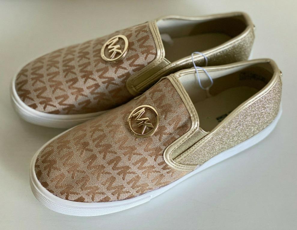 MICHAEL KORS MK ARACELI TAN BROWN LOGO GOLD SLIP ON SNEAKERS SHOES