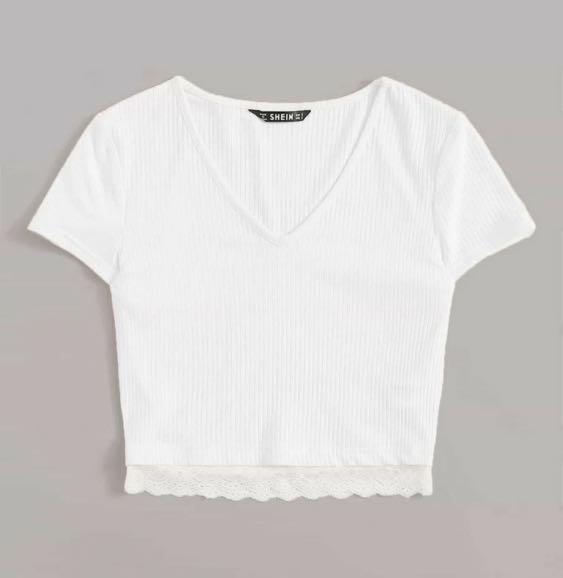 V neck lace hem rib top knit top