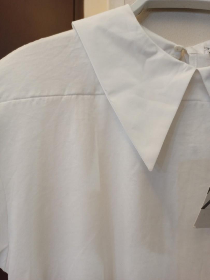 Zara white big collar blouse, Fesyen 