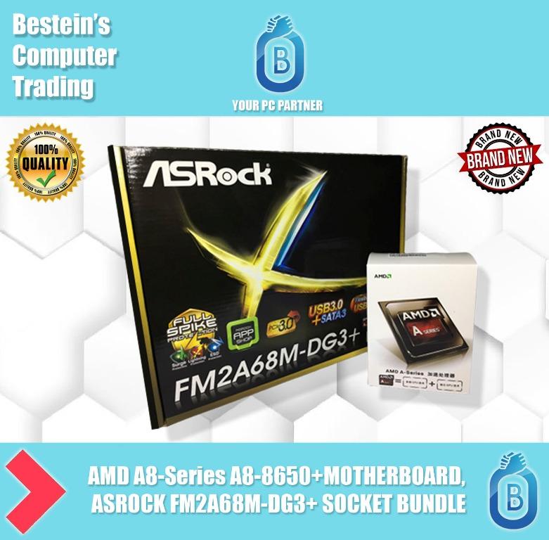 AMD A8-Series A8-8650+MOTHERBOARD, ASROCK FM2A68M-DG3+ SOCKET BUNDLE (Category: Computer Parts) located in Quezon City. Submitted by besteinpc (Listing ID 1015691529, Image 1). Description: AMD A8-Series A8-8650+MOTHERBOARD, ASROCK FM2A68M-DG3+ SOCKET BUNDLE PROCESSOR SPECIFICATION: AMD A8-Series A8-8650 👉Supported Socket FM2+/FM2 processors AMD A-series/ E2-series processor 👉Supported AMD Mutil Core(x4,x2) 👉AMD 100W processor support 👉AMD A6