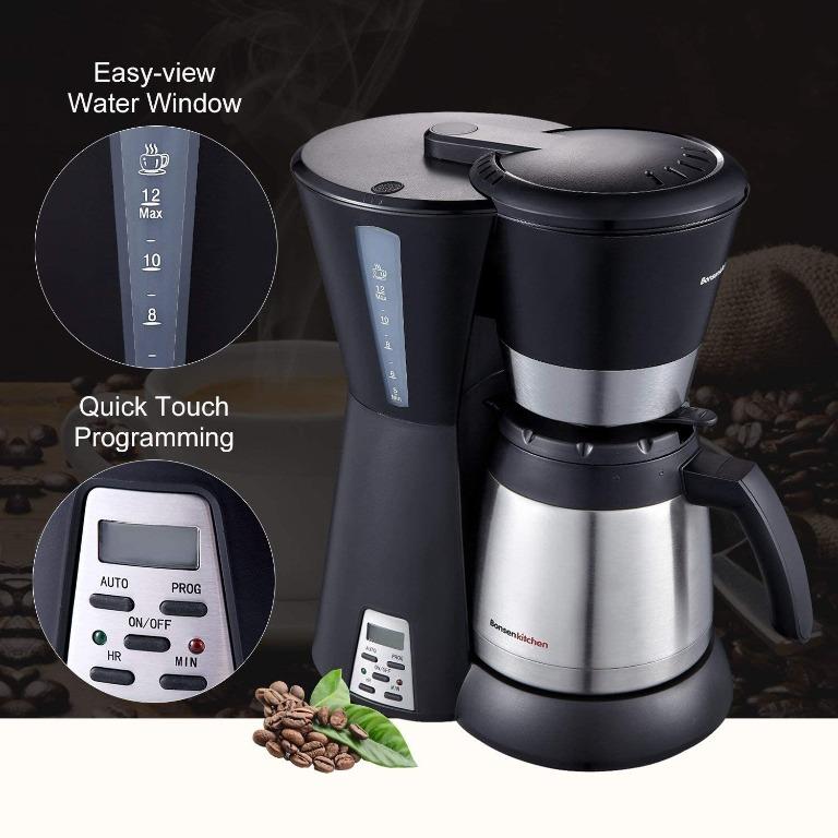 Bonsenkitchen Filter Coffee Machine with Thermos Jug and Timer,  Programmable Stainless Ste