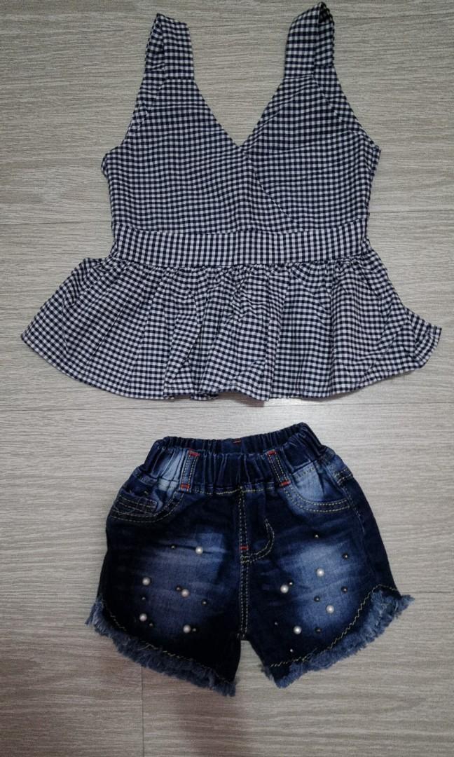 Checkered denim shorts sales