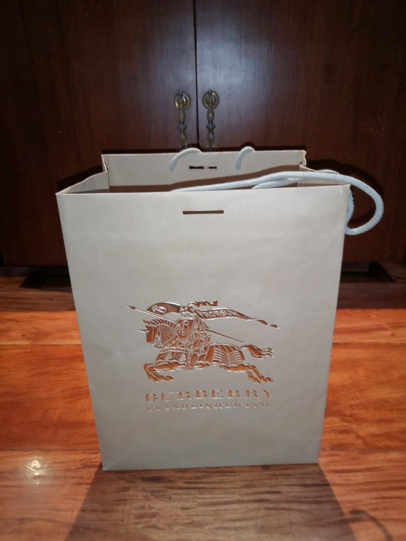 Burberry paper bags (Category: Luxury Bags & Wallets) located in San Juan City. Submitted by super.saver8 (Listing ID 1022612931, Image 2). Description: 2 sizes for bag - 42x30cm - sold out for shoes - 35x27cm.