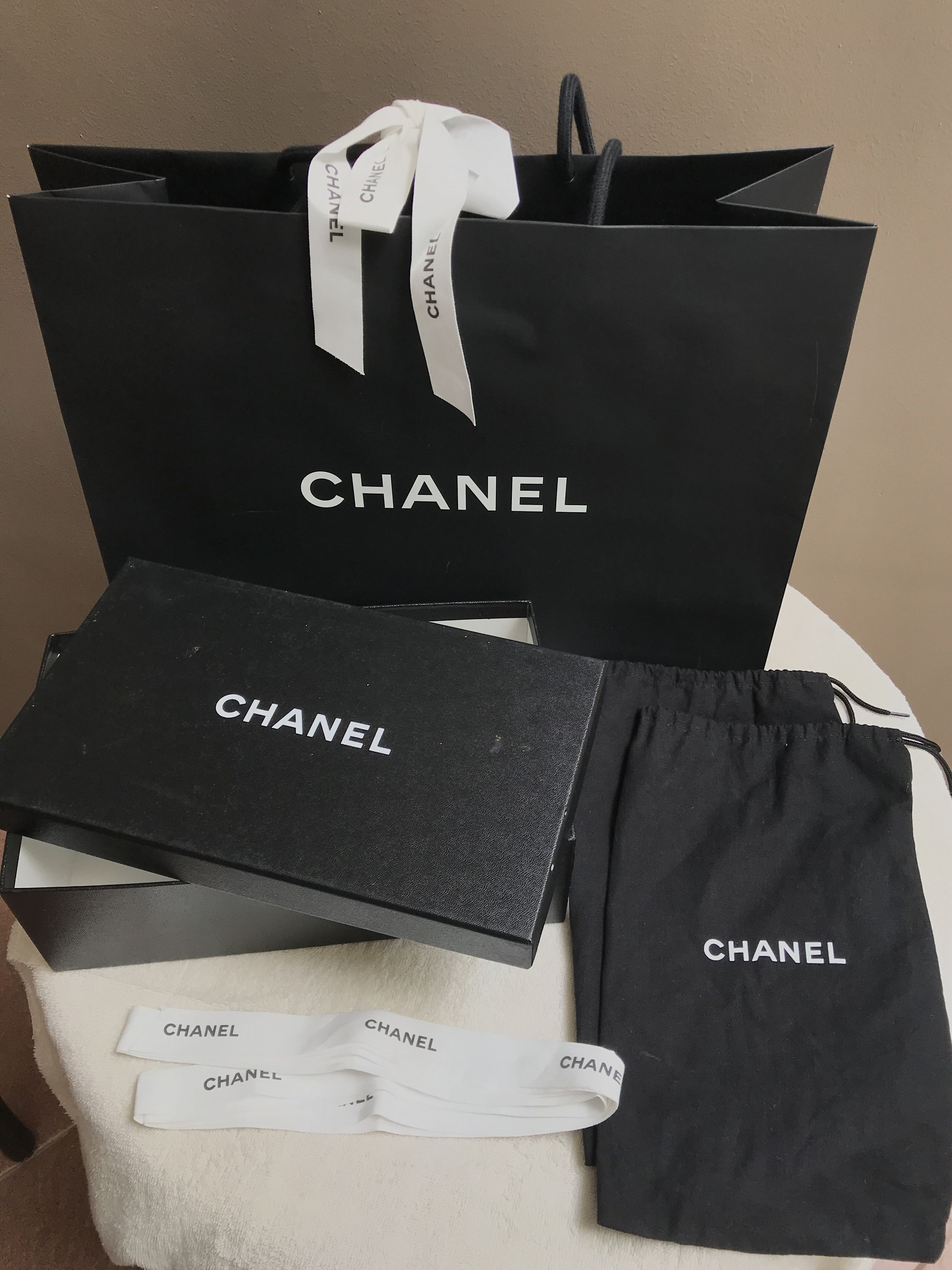 Chanel Shoe Box, 2 dust bags, Ribbon & Paper Bag, Luxury, Accessories on  Carousell