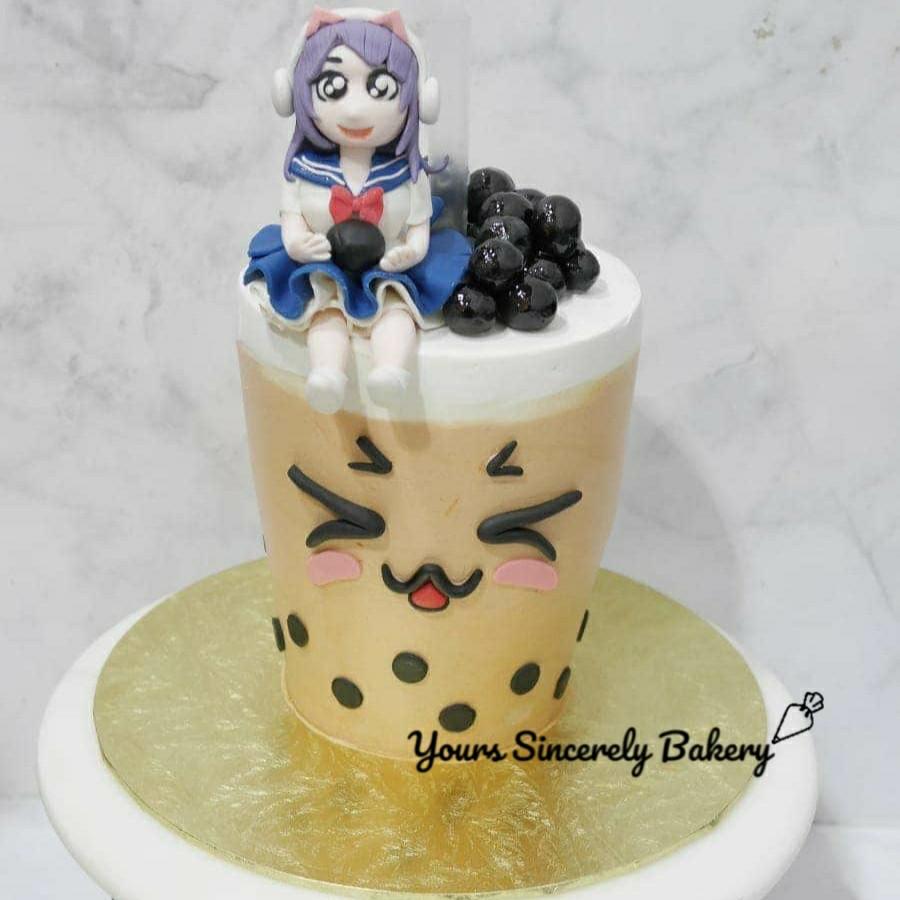 Cute Anime Girl on Drinkable Bubble Tea Cake, Food & Drinks, Homemade Bakes  on Carousell