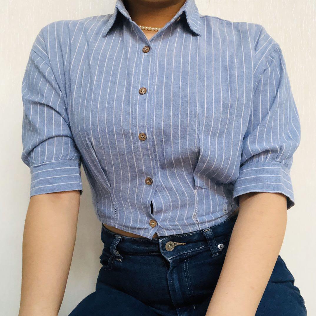 Kemeja Crop Top Biru Fesyen Pria Pakaian Atasan Di Carousell