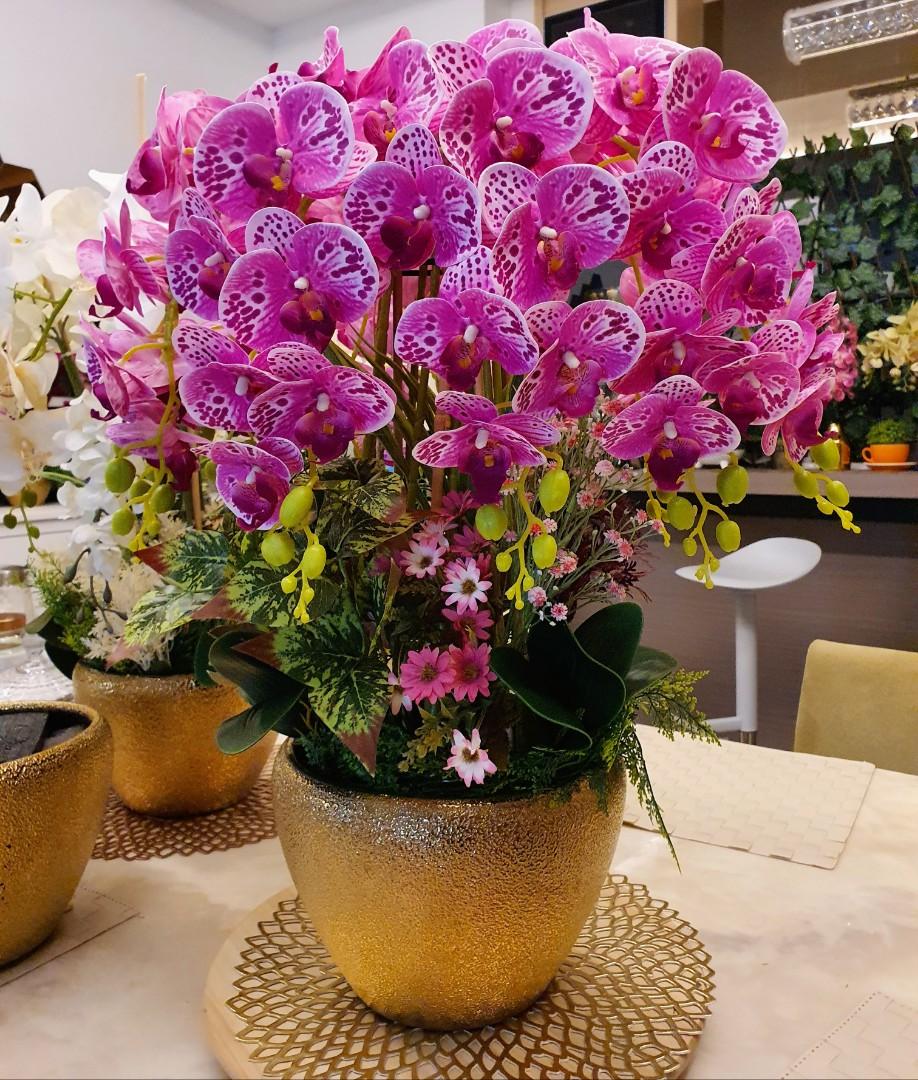Luxury Artificial Orchids in Large Gold Vase, Furniture & Home Living