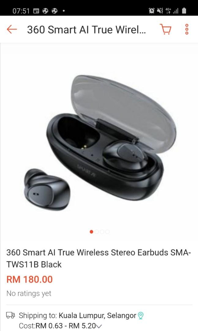 360 Smart AI True Wireless Stereo Earbuds Earphone Bluetooth SMA TWS11B Black