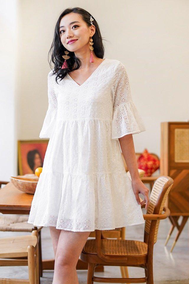 White eyelet dress with bell sleeves cheap