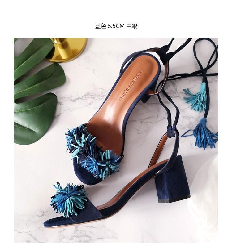 Blue Tassel Low Block Heel Women s Fashion Footwear Heels on