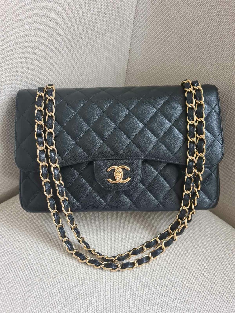 Chanel Classic Double Flap Quilted Caviar Silvertone Jumbo Black  US