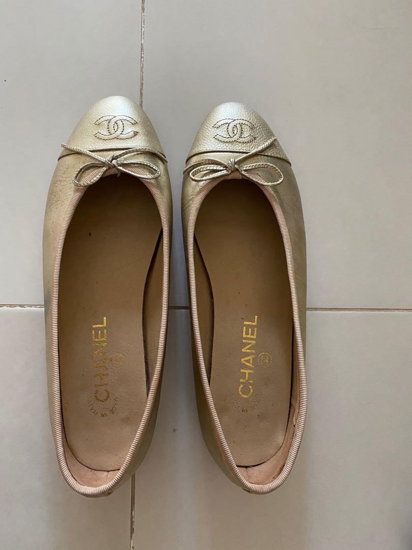 Chanel Gold Sparkly Quilted Leather Ballerina flats Size 375  eBay