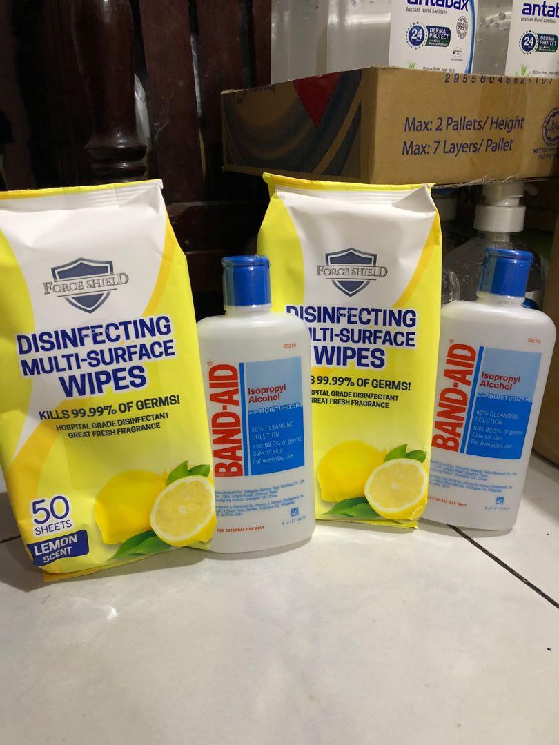 DISINFECTANT AND SANITIZER BUNDLE (Category: Oral Care) located in Manila. Submitted by jm_blgr (Listing ID 1022786614, Image 2). Description: P169 for TWO DISINFECTING WIPES 35 SHEETS AND BAND AID ISOPROPYL 250 ML INDIVIDUAL PRICE: P99 - DISINFECTING WIPES 35 SHEETS P89 - BAND AID ISOPROPYL 250 ML COD SHIPPING AVAILABLE.