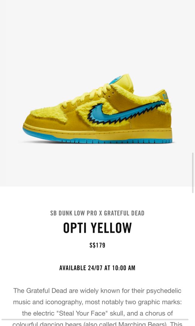 Early Link] NikeSB Dunk Low Pro x Grateful Dead “Opti Yellow”, Men's  Fashion, Footwear, Sneakers on Carousell