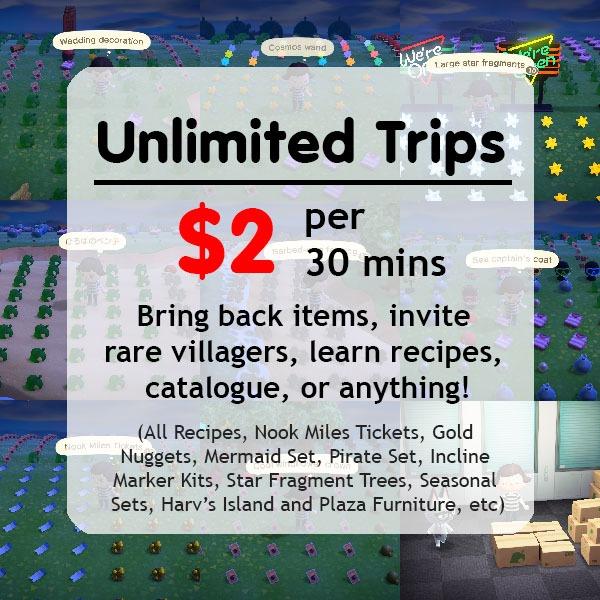 2 30 Mins Of Unlimited Trips Animal Crossing New Horizons Island Buffet Rare Villagers Seasonal Sets Nook Miles Tickets Recipes Etc Toys Games Video Gaming In Game Products On Carousell