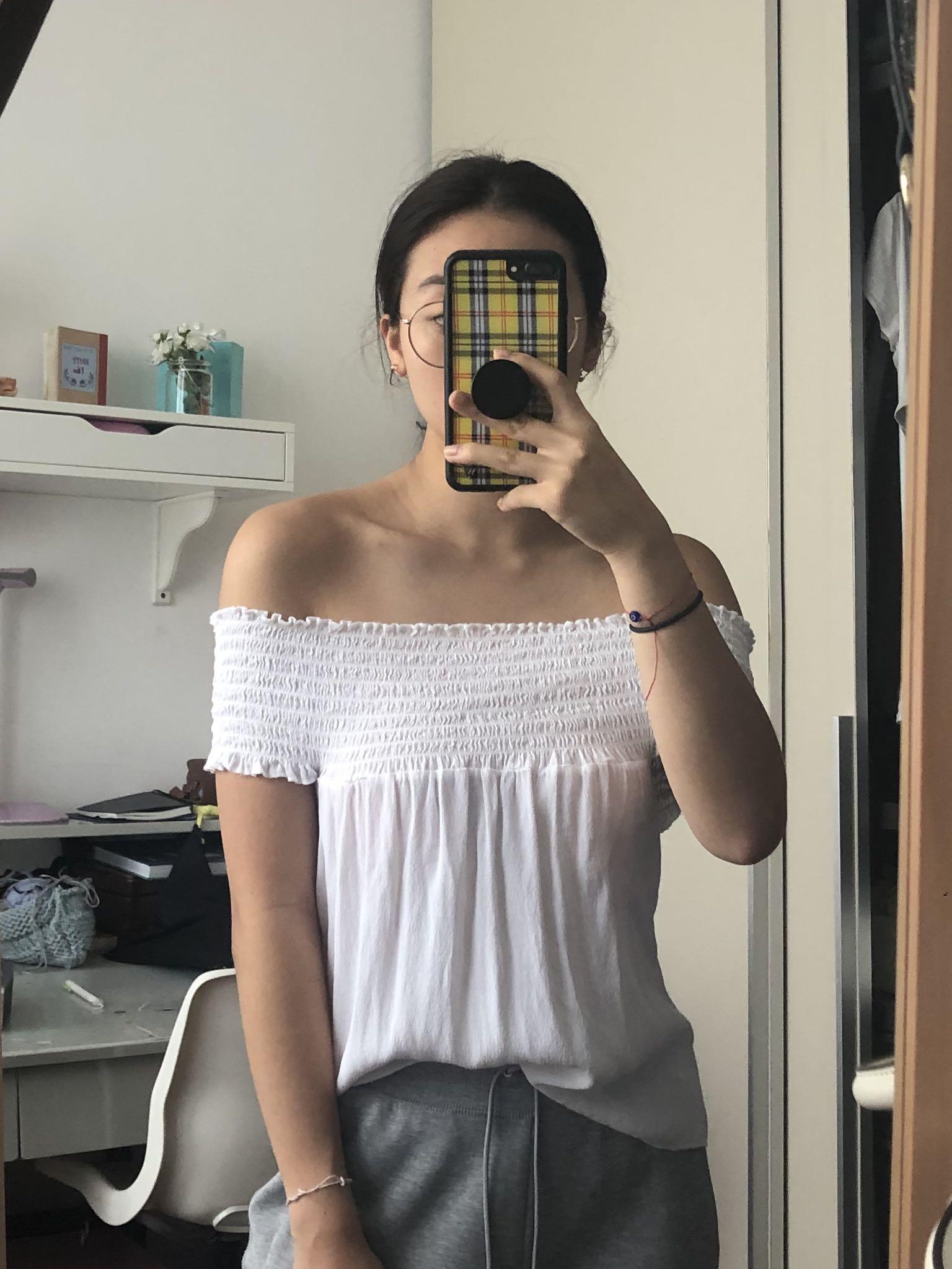 Brandy Melville white off shoulder top, Women's Fashion, Tops, Other Tops  on Carousell